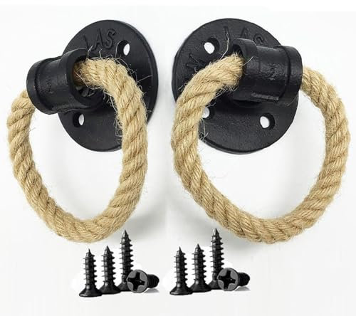YHBZ 2Stück Hanf Seil Ring Ziehen Griffe Knöpfe,Küchenschrank Türgriffe,Vintage Gusseisen Griffe mit Schrauben,Möbel Schubladengriffe (Schwarz),Black