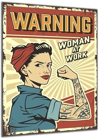 DARO Design - Wand-Bild auf 6mm HDF 70x50 cm Woman at Work - Wand-Deko Bilder Geschenk Vintage-Schild Retro-Schild