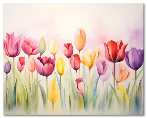 TISHIRON Malen nach Zahlen Bastelset Erwachsene Tulpen DIY Malen nach Zahlen für Erwachsene mit Pinseln Blume Pflanze Öl Handmalerei Floral Malen nach Zahlen Kunsthandwerk 40 x 50 cm(rahmenlos)