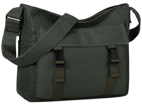 VASCHY Umhängetaschen Herren Dame, Leichte Große Canvas Messenger Bag Crossbody Schulter Hobo Bag für Arbeit/Reisen/College/Schule Grün