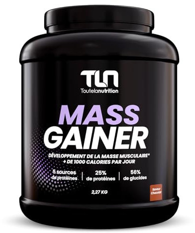 MASS GAINER | Gainer Prise de Masse Musculation | +1500 kcal par jour | 5 Sources de Protéines + 2 Sources de Glucides + MCT | 22 Portions de Boisson Shaker Goût Chocolat | 2,27 kg | TLN
