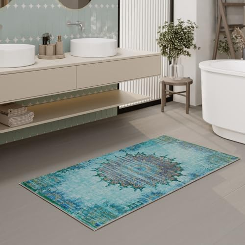 Waschbarer und Rutschfester Vintage Badezimmerteppich von WECONhome mit orientalischem Muster - Eleganz und Komfort für jedes Bad - Healing (70 x 120 cm, blau)