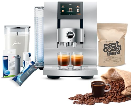 Jura Z10 Coffee Machine Aluminum White Bundle with Filter Cartridge Water Stabilizer, Milk System Cleaner Mini-Tabs, Cleaning Tablets, Milk Containers, and Blend Whole Bean Coffee (6 Items)