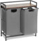 HAUSPROFI Wäschekorb 2 Fächer mit Ablage, Wäschesammler mit 2 Abnehmbaren Oxford-Tuchbeuteln und Metallrahmen, Schmutzwäschebehälter 2 x 46 Liter, 73 x 30 x 74 cm (Grau)