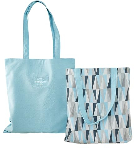 Lvjkes Doppelseitige Stoffbeutel, Baumwolltasche Handtasche Schulter Leinwand Umhängetasche, Einkaufsbeutel Recyclingtasche für Frauen, Kinder, Mädchen, 40cm x 36cm (Blaues Dreieck)