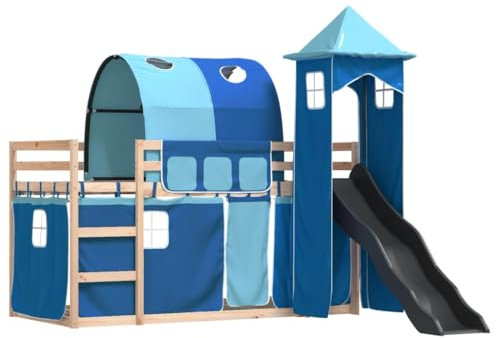 vidaXL Etagenbett, Stockbett mit Rutsche Gardinen, Kinderbett mit Rausfallschutz Lattenrost, Spielbett Bett ohne Matratze, Blau 80x200cm