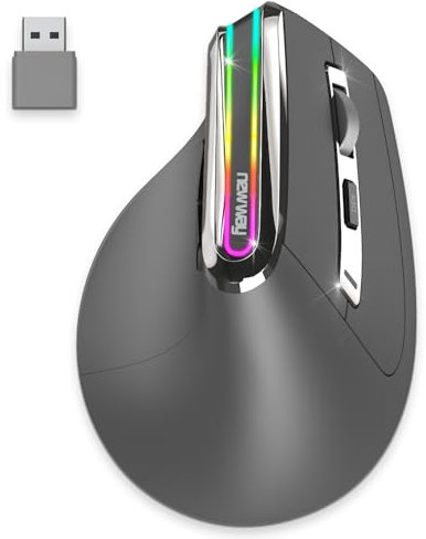 NEWWAY - 2024 Nuovo - Mouse verticale wireless A9 - WiFi 2.4 GHz USB C - Ricaricabile - RGB - 2400 DPI - Ergonomico - Silenziatore - Nano ricevitore integrato 10 M - Grigio