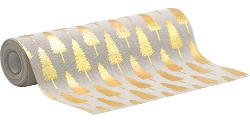 100%Mosel Tischläufer Leinenoptik Natur, Tannenbäume in Gold, (28 cm x 5 m), Tischband, edle Tischdeko für Weihnachten & Adventszeit, Festliche Dekoration zu besonderen Anlässen