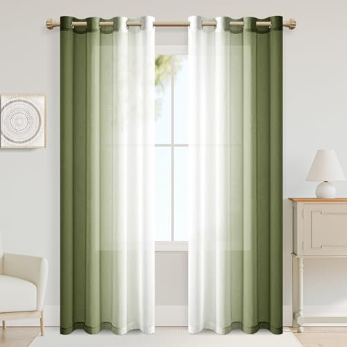 XWZO Gardinen mit Ösen Vorhänge Transparent Farbverlauf Voile Gardinen, Ombre Vorhang für Schlafzimmer und Wohnzimmer 225cm x 140cm(H x B) Armeegrün
