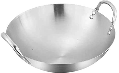 Wok de 34 cm y 70 cm, estilo chino, no magnético, parte inferior redonda, de acero inoxidable, con 2 asas de bucle, grueso y sin humo, ideal para cocina comercial, superficie antiadherente para