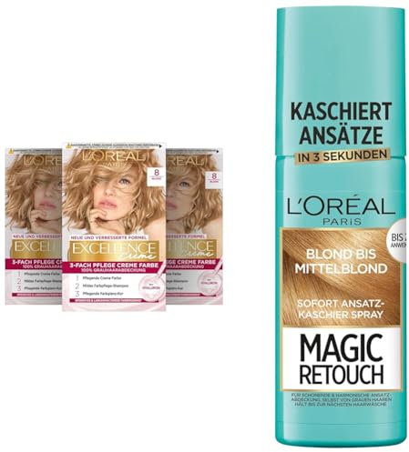 L'Oréal Paris Haarfärbe- und Ansatz-Kaschierset, 3x Permanente Haarfarbe Excellence Creme, Nr. 8 Blond und 1x Ansatz-Kaschierspray Magic Retouch, Blond bis Mittelblond, [Amazon Exclusive Set], 4-tlg