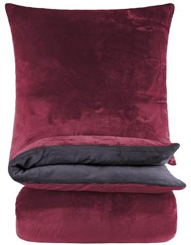 BaSaTex Winter Plüsch Bettwäsche Set Nicky-Teddy Cashmere-Touch Coral Fleece | 140x200 Deckenbezug + 70x90 Kissenbezug | Größe: 140x200 | Farbe: Anthrazit/Bordeaux