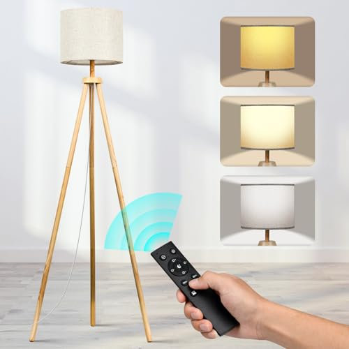 NIKYJM Lámpara de pie Trípode de Madera Lámparas de Pie Regulables con Bombilla E27 12W 3 Colores Regulable 3000K-6000K Lámpara de pie con control remoto para sala de estar Oficina