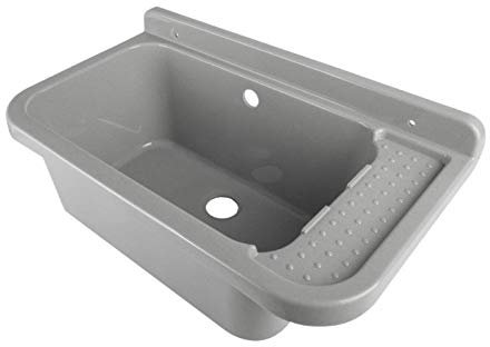 HYDROLAND Ausgussbecken Waschbecken mit Ablage & Überlauf 50 x 34 x 21 Grau | Komplett mit Siphon Kunststoff Ablaufgarnitur Spüle Waschtisch Spülbecken Wandmontage Handwaschbecken Gartenwaschbecken