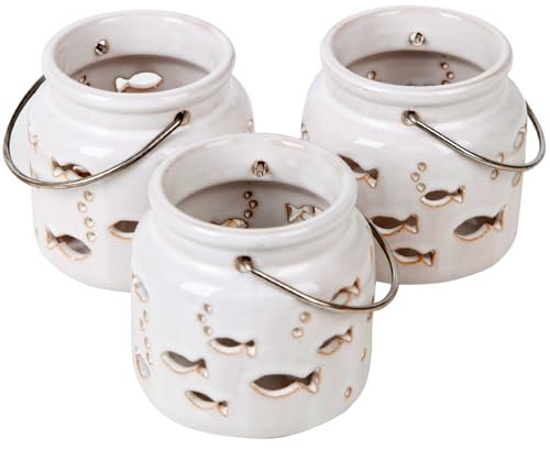 Logbuch-Verlag 3 Windlichter beige Creme mit Fischen kleine Teelichthalter Tischdekoration Taufe Kommunion 8 cm