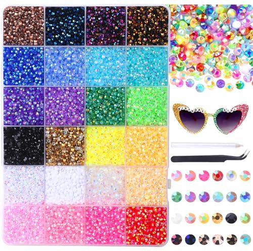JOLCEEY 24000pcs Nail Art Rhinestones, 24 Colors 3mm Flat Back Nail Gems Crystals Nail Rhinestones Bedazzling Kit with Pick Up Tweezers and Pen for DIY Crafts Clothes Shoes