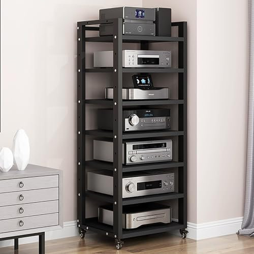 WJFTODAY Video-Audio-Rack, 7-stufiger AV-Medienständer, bewegliches Audio-Rack, hoher Stellbare Regale, offener Medienaufbewahrungsschrank, Entertainment-TV-Regal, für DVD-Player, TV-Zubehör (schwarz
