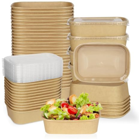 ECONX 50 X 500ml Kraft Food Containers with Plastic Lids PP Rectangular Takeaway Food Box Heavy-Duty | Leakproof and Oil-Proof Kraft Paper Salad Box Bowls Deli Tubs for Lunch Restaurants, Parties