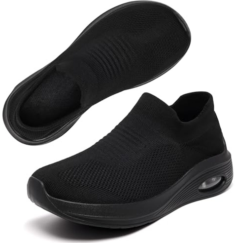 Wide Fit Womens Slip On Trainers Arch Support Ladies Trainers Plantar Fasciitis Orthopedic Shoes Air Cushion Comfortable Breathable Mesh Non Slip Gym Sneakers All Black 7 UK