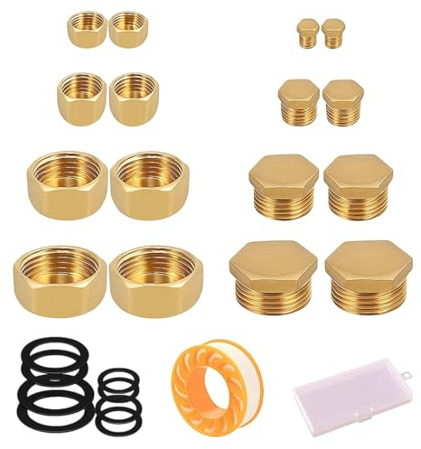 Kit Bouchon Radiateur et Raccord Plomberie Laiton, Bouchon Arrivee d’Eau Robinet 1/2 1/4 1/8 3/8, avec Accessoires de Bouchon Tuyau, 16 Pièces