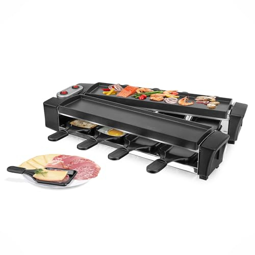 EMERIO Raclette mit wertigen Druckguss-Platten | Gerät klappbar | 2x 40,6x10cm PFAS-freie Antihaftbeschichtung von ILAG® | leicht zu reinigen | 8 Pfännchen | 2,00m Kabel | RG-132098.2