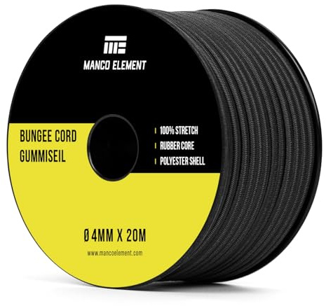 Manco Element Gummirep 4mm x 20m Gummisnöre Elastisk Snöre Sladd | Svart, Gummi & Polyester, Expanderrep, 100% Stretch, för Presenning, Släpvagn, Tältstång, Kajak, Ryggsäck, Spole