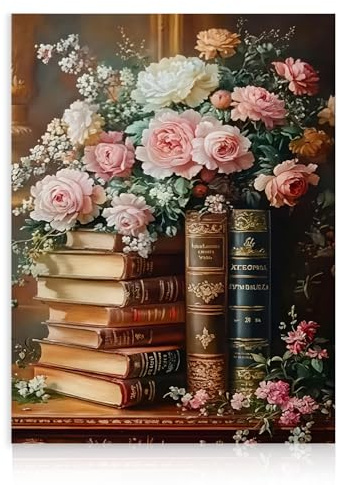 Dazzlewall Vintage Blüten und Antiquariat Bücher Poster, Klassisches Pfingstrose-Rosen-Bukett Wanddeko für Studienzimmer Schlafzimmer Wohnzimmer Leseraum Ohne Rahmen 30x40 cm