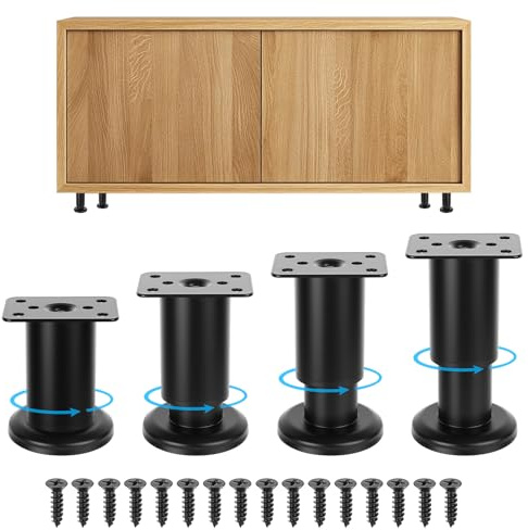Zhujiehigh 4 Pack Adjustable Metal Furniture Legs, 8-12cm, Black | Height adjustable table legs with black screws. Universal metal furniture feet for cabinets, sofa & bed. 4 pack, 8-12cm.