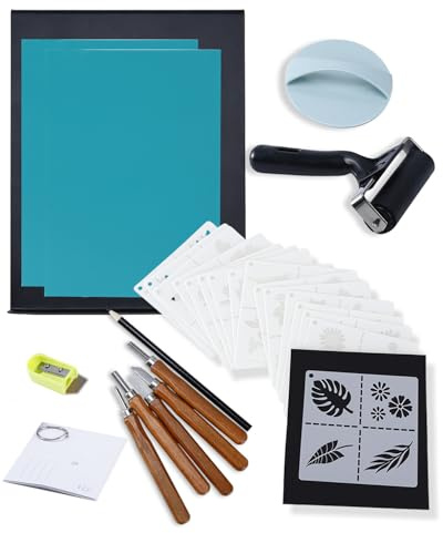 UCEC Linocut Kit for Printmaking - 38 Pcs Stamp Making Kit with 12 Wood Handle Carving Tools, A5 Linoleum Blocks, Brayer Roller & Baren - Complete Block Printing Starter Set for Adults & Beginners