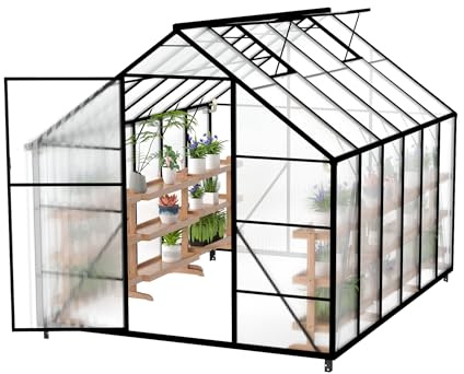 LARS360 Växthus aluminium, trädgårdsväxthus med fundament, 4 mm polykarbonat dubbla stegplattor, drivhus för trädgård, tomathus med takfönster, väderbeständigt växthus, 310 x 250 x 205 cm
