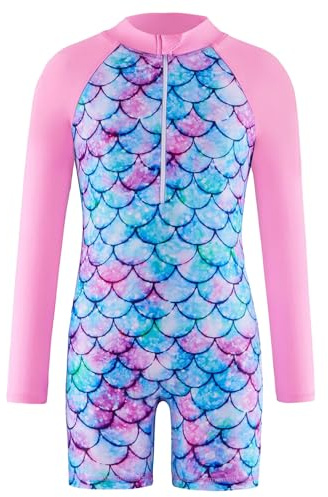 LXEASYGO Girls Swimming Costumes One-Piece Kids Long Sleeve Swimsuit Zipper Mermaid Swimwear for Girls 3-14 Years