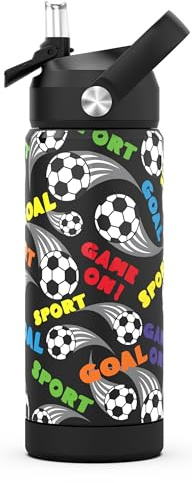 ntskood Boys Soccer Water Bottle for School，Kids 18 oz Insulated Stainless Steel Cup with Straw, Double-Wall Vacuum Leakproof