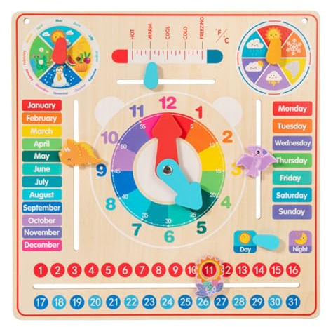 Guohetuk Lernuhr Kinder Kalenderuhr Lernbrett Lernspielzeug Jahreszeiten Wetteranzeige aus Holz mit Beweglichen Zeigern für Vorschule Klassenzimmer Spielzimmer