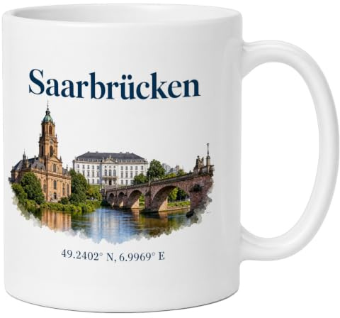 LunaLana® Tasse »Saarbrücken« Kaffeetasse mit Stadtmotiv und Koordinaten | Geschenk für Saarbrücken-Fans
