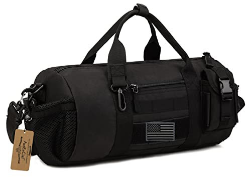 ArcEnCiel Small Tactical Duffle Bag Men Gym Pack Military Molle Shoulder Bags Shoes Storage Sports Handbag with Patch (Black)