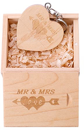 LXSINO 32GB USB 3.0 Flash Drive Engraved MR & MRS – 32GB Wooden Heart Shape USB Stick with Box for Wedding, Couple, Parents (Maple Wood | 32GB)
