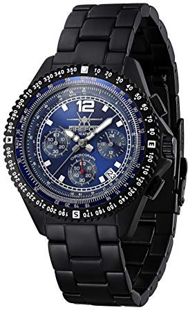 FIREFOX Armband- Herrenuhr Fighter Chronograph analog Quarz Edelstahl SCHWARZ Zifferblatt Sunray blau 10 ATM wasserdicht FFS05-120