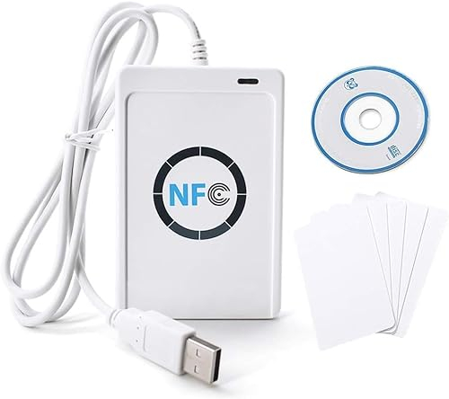 Jadeshay Lector de Tarjetas,Lector RFID NFC Lector y Escritor Sin Contacto Lector y Grabador RFID NFC ACR122U+ Software Libre en Blanco+5 Tarjetas Mifare USB IC,Compatibile PC/SC Apoyo ISO 14443A / B