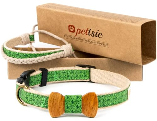 Pettsie Hundehalsband mit Fliege und Freundschaftsarmband, einstellbare Größen S und M, Komfortables Designer Hanf, stark und langlebig, tolles Geschenk für Hundeliebhaber, M, Grün