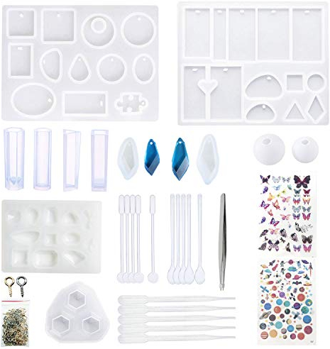Allazone 12 Stück Schmuck Silikonform Gießform Resin Form, 5 Arten Werkzeuge Herstellen und 2 Stück Füllmaterial zum DIY Schmuck Basteln Machen