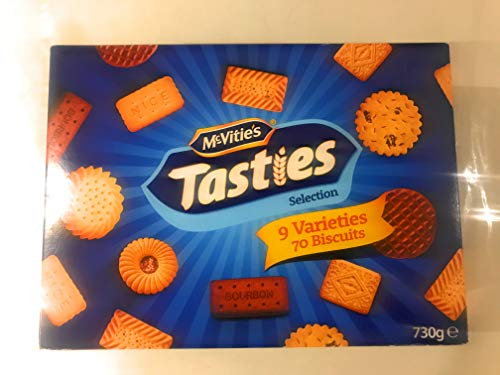 McVities Tasties Selection Assortment Box 70 Biscuits 730g-9 Varieties-Milk Chocolate Digestives-Bourbon Creams-Fruit Shortbreads-Custard Creams-Highland Shortie-Jam Rings-Shortcake-Nice-Digestives