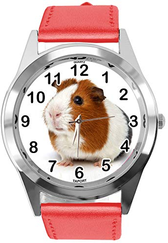 TAPORT® Runde Uhr aus rotem Leder für Meerschweinchen-Fans, rot, Armband