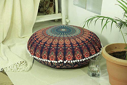 Popular Handicrafts Bodenkissenbezug, Hippie-Mandala-Kissenbezug groß mit Pompons weichen Partikeln, Pouf-Bezug, rund, böhmisches Yoga-Dekor, 61 cm, Blau, mehrfarbig