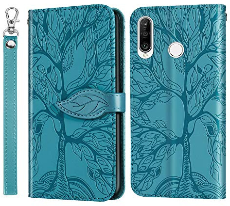 IMEIKONST Coque Compatible avec Huawei P30 Lite, Flip Étui PU Cuir [Porte-Cartes de Crédit] Portefeuille [Magnétique] Étui à Rabat Housse Coque pour Huawei P30 Lite. Tree Blue RXZ