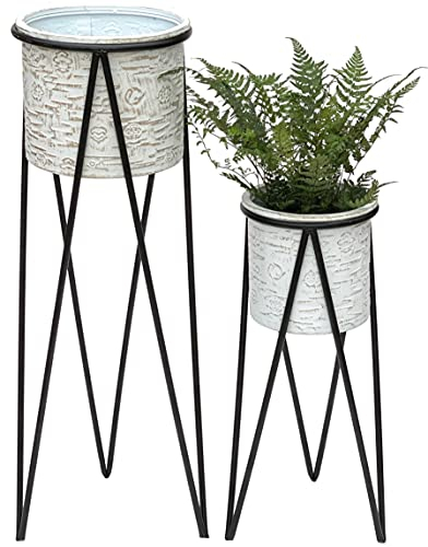 DanDiBo Blumenhocker mit Topf Metall Schwarz Weiß 2er Set Blumenständer 96043 Blumensäule Modern Pflanzenständer Pflanzenhocker