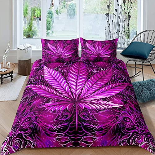 Loussiesd Cannabisblätter Bettbezug Set Marihuana Blatt Bettwäsche Psychedelisches Marihuana Unkraut Bettwäsche Set 220x240cm Trippy Hanf für Kinder Erwachsene mit 2 Kissenbezug,Lila