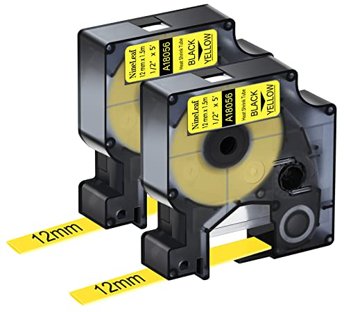Nineleaf 2er Pack Kompatibel für DYMO 18056 Schrumpfschlauch Industrie-Etikettenband Schwarz auf Gelb 12 mm 1/2 für Drähte Kabel Verwendung in Rhino Pro 3000 4200 5000 5200 6000 3M Etikettendrucker