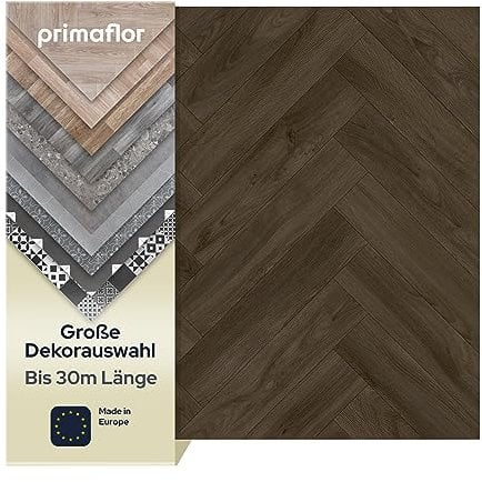 Primaflor PVC Bodenbelag Meterware TURVO - Eiche Dunkel Fischgrätenmuster, 2,00m x 6,00m, Vinyl-Boden in Holzoptik für Küche, Wohn- und Badezimmer, Hochwertige Auslegware, Anti-Rutsch Oberfläche