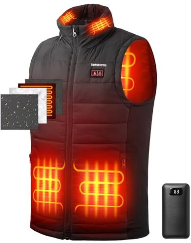 KEMIMOTO Beheizbare Weste Herren mit Kapuze, Beheizte Weste mit 9600mAh Akku, 5 Heizzone, Eletriksche Heizweste für Herren und Damen mit Ohrenheizung, für Motorrad, Skifahren, Angeln, Camping, Wandern