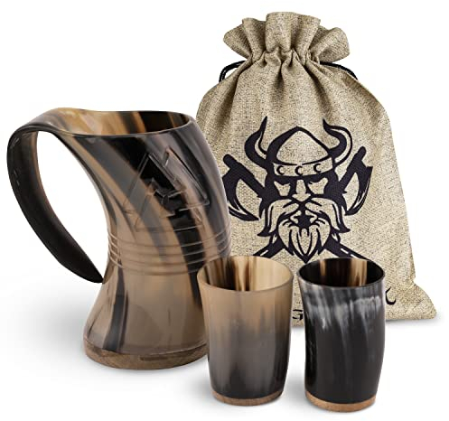 VIKING CRAFT® Trinkhorn Wikinger Krug 600ml - Großer Horn Krug Odin und 2 Wikinger Becher für Deinen Wikinger Met Honigwein - Hornbecher, Wikinger Deko, Horn Set, Mittelalter, LARP, Schalen